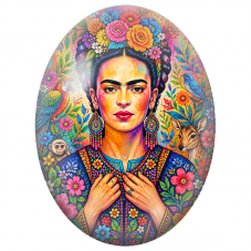 Cabochon en Verre Illustré Frida Kahlo au Faon et au Perroquet pour la Création de Bijoux Fantaisie - DIY