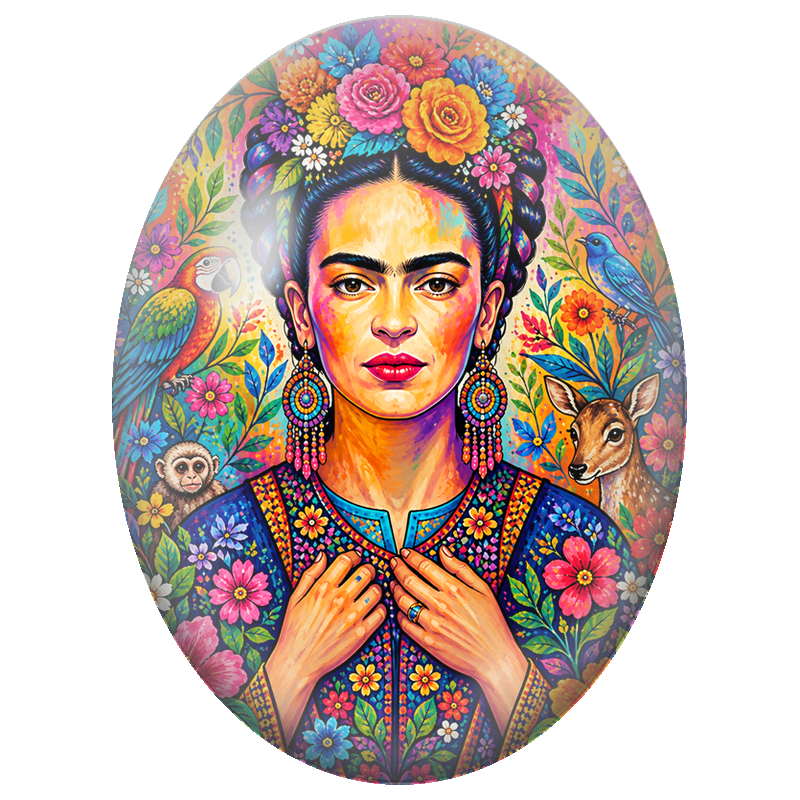Cabochon en Verre Illustré Frida Kahlo au Faon et au Perroquet 13x18, 18x25 ou 30x40mm