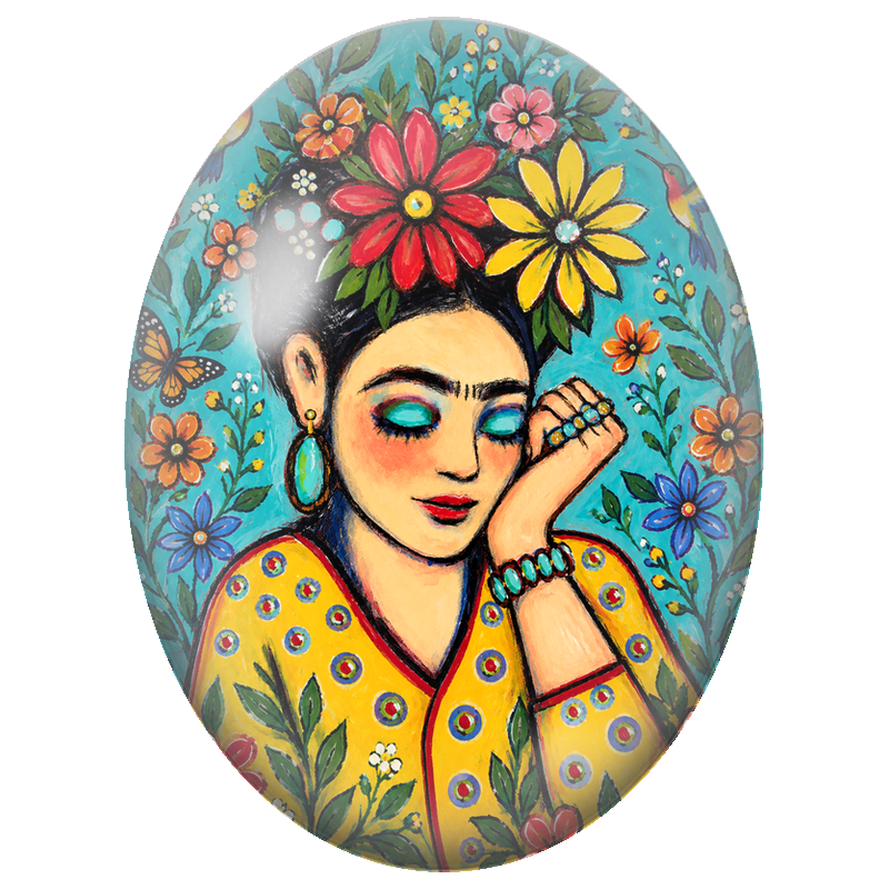 Cabochon en Verre Illustré Frida Kahlo au Jardin Turquoise 13x18, 18x25 ou 30x40mm