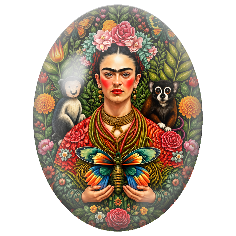 Cabochon en Verre Illustré Frida Kahlo au Papillon et aux Singes 13x18, 18x25 ou 30x40mm
