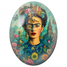 Cabochon en Verre Illustré Frida Kahlo au Paysage de Ville et d’Oiseaux pour la Création de Bijoux Fantaisie - DIY