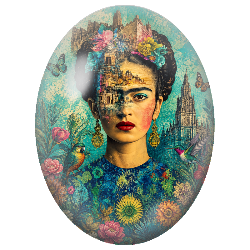 Cabochon en Verre Illustré Frida Kahlo au Paysage de Ville et d’Oiseaux 13x18, 18x25 ou 30x40mm