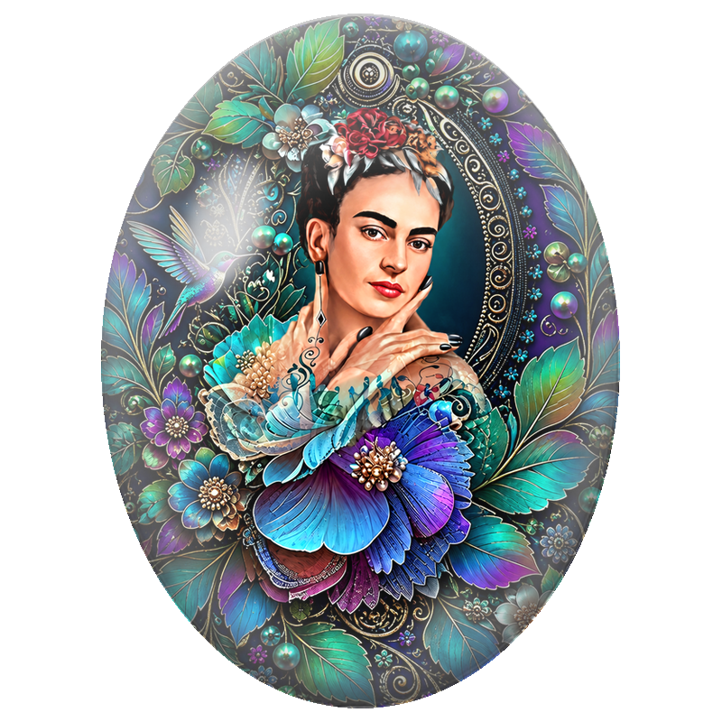 Cabochon en Verre Illustré Frida Kahlo au Jardin Bleu et Violet 13x18, 18x25 ou 30x40mm