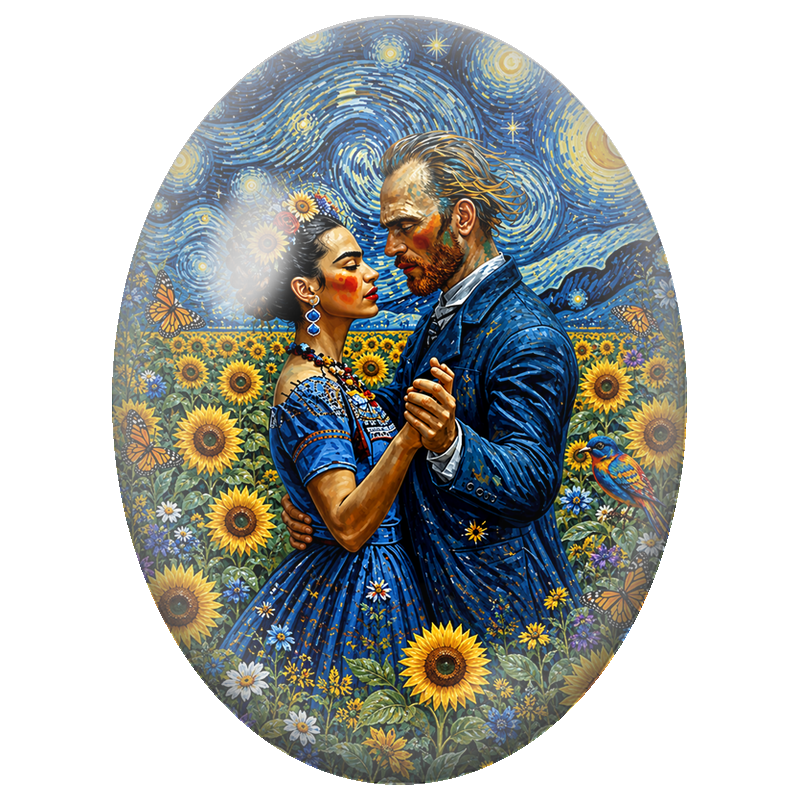 Cabochon en Verre Illustré Frida Kahlo et Van Gogh dans un Champ de Tournesols 13x18, 18x25 ou 30x40mm