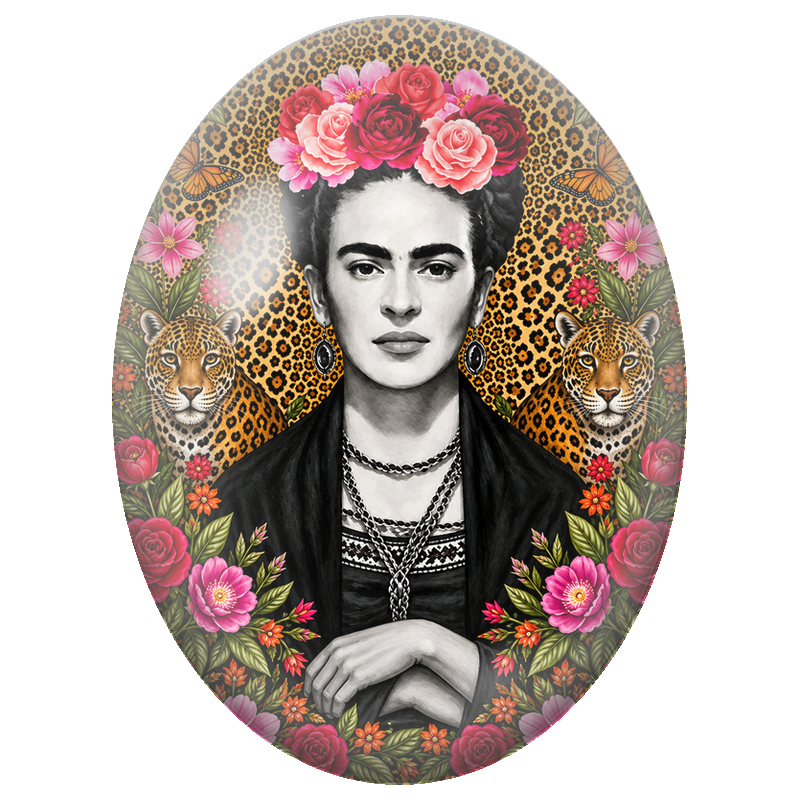 Cabochon en Verre Illustré Frida Kahlo aux Jaguars 13x18, 18x25 ou 30x40mm
