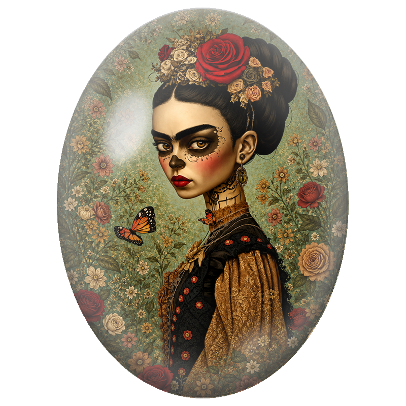 Cabochon en Verre Illustré Frida Kahlo Gothique au Papillon 13x18, 18x25 ou 30x40mm