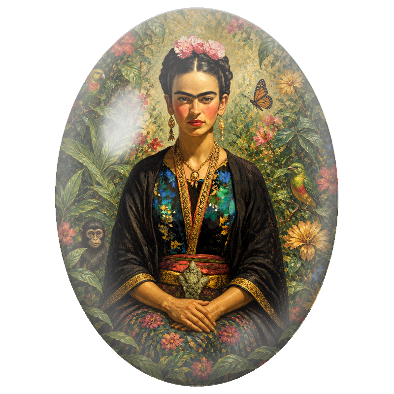 Cabochon en Verre Illustré Frida Kahlo au Jardin et aux Perroquets 13x18, 18x25 ou 30x40mm