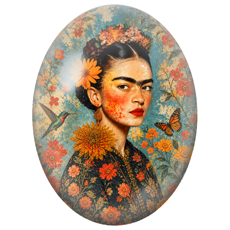 Cabochon en Verre Illustré Frida Kahlo au Colibri et au Papillon Orange 13x18, 18x25 ou 30x40mm