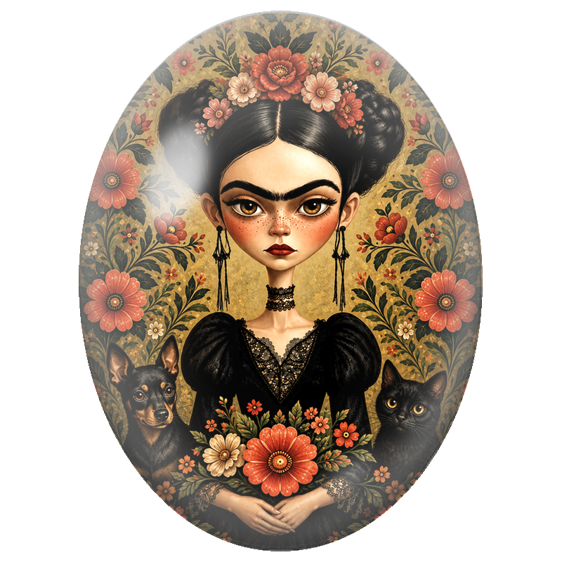 Cabochon en Verre Illustré Frida Kahlo au Chien et au Chat Noir 13x18, 18x25 ou 30x40mm