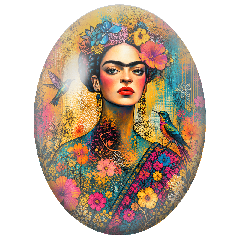Cabochon en Verre Illustré Frida Kahlo aux Colibris Colorés 13x18, 18x25 ou 30x40mm