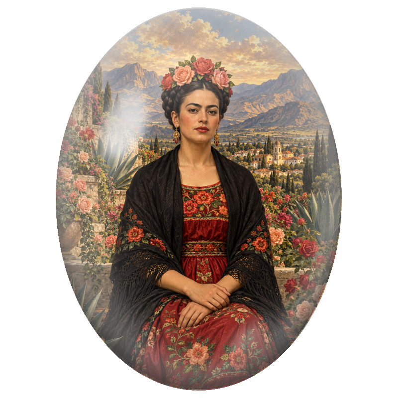 Cabochon en Verre Illustré Frida Kahlo au Jardin de Montagne 13x18, 18x25 ou 30x40mm