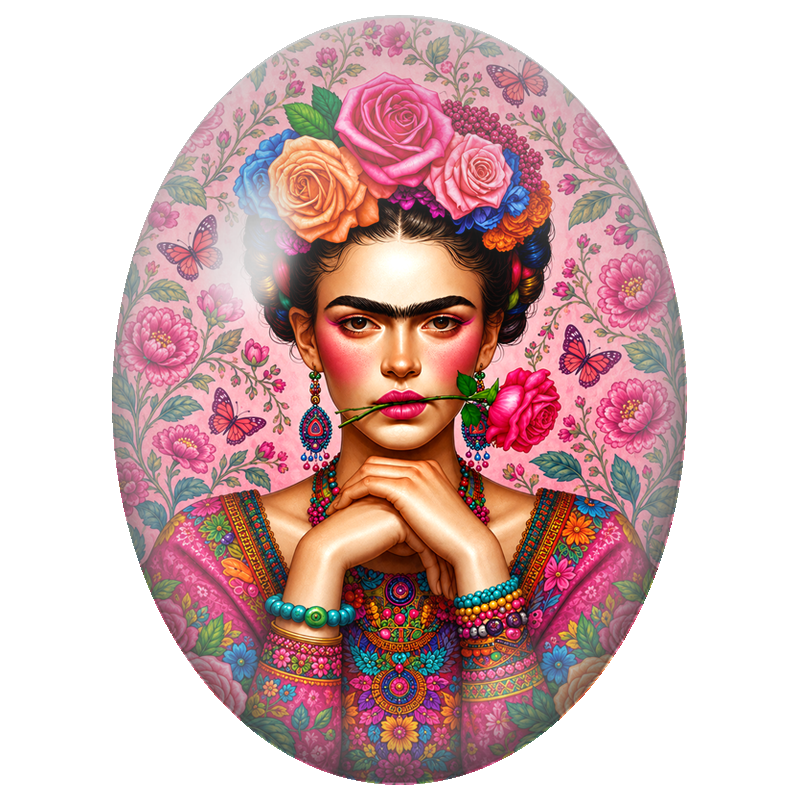 Cabochon en Verre Illustré Frida Kahlo à la Rose entre les Lèvres et aux Papillons 13x18, 18x25 ou 30x40mm