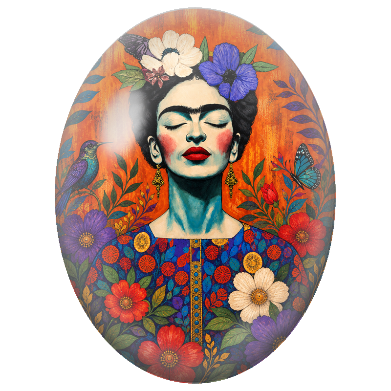 Cabochon en Verre Illustré Frida Kahlo aux Fleurs Bleues et au Colibri 13x18, 18x25 ou 30x40mm