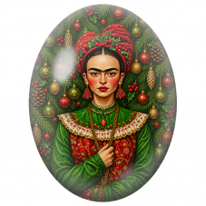 Cabochon en Verre Illustré Frida Kahlo de Noël aux Boules et Houx pour la Création de Bijoux Fantaisie - DIY