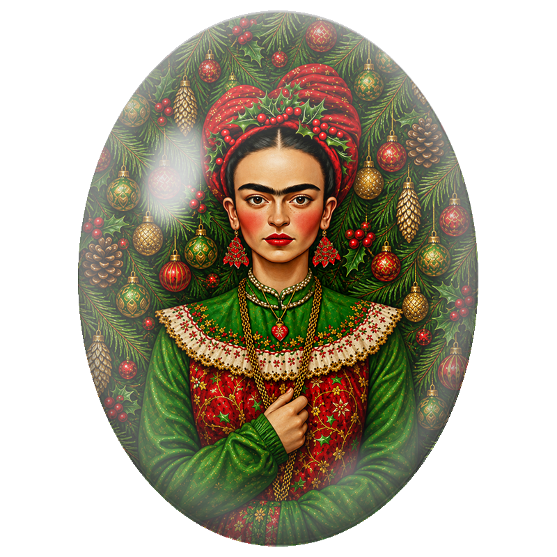 Cabochon en Verre Illustré Frida Kahlo de Noël aux Boules et Houx 13x18, 18x25 ou 30x40mm