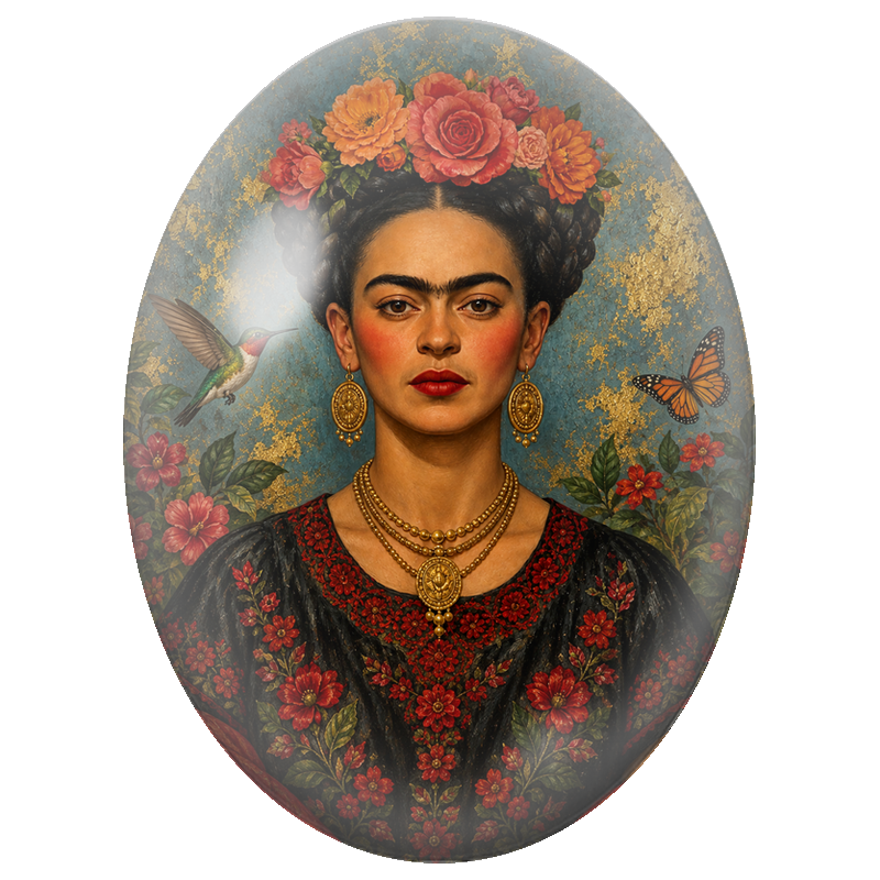 Cabochon en Verre Illustré Frida Kahlo au Colibri et aux Roses Rouges 13x18, 18x25 ou 30x40mm
