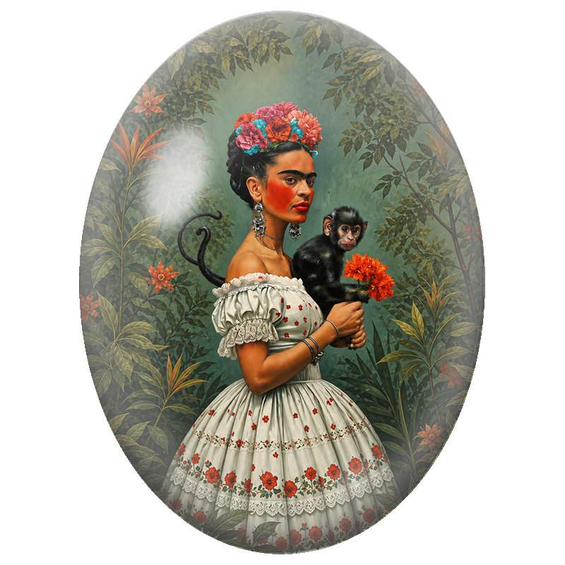 Cabochon en Verre Illustré Frida Kahlo au Singe dans la Jungle 13x18, 18x25 ou 30x40mm