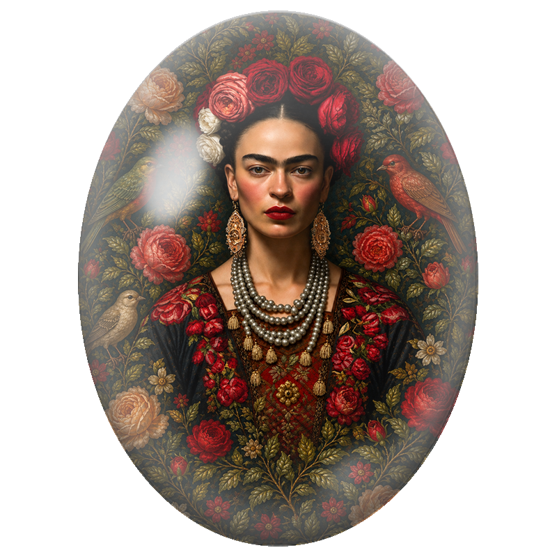 Cabochon en Verre Illustré Frida Kahlo aux Oiseaux et aux Roses Anciennes 13x18, 18x25 ou 30x40mm