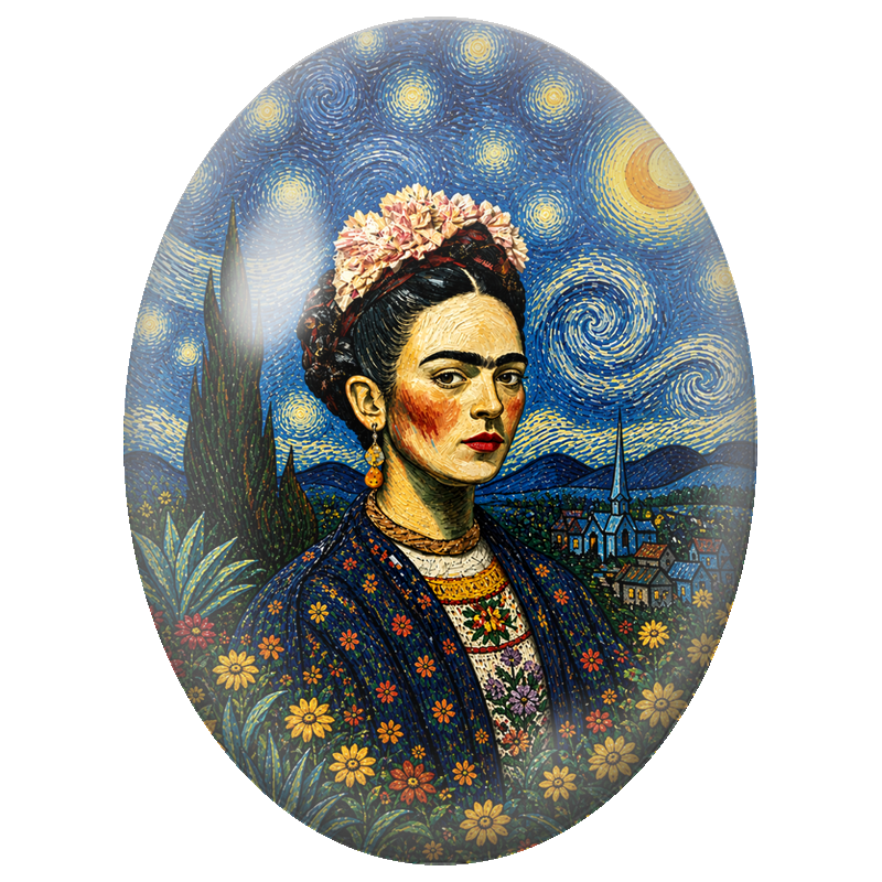 Cabochon en Verre Illustré Frida Kahlo au Ciel Étoilé 13x18, 18x25 ou 30x40mm