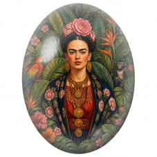 Cabochon en Verre Illustré Frida Kahlo au Perroquet et au Singe dans la Jungle pour la Création de Bijoux Fantaisie - DIY