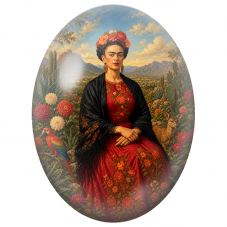 Cabochon en Verre Illustré Frida Kahlo au Faon et au Perroquet dans le Désert Fleuri pour la Création de Bijoux Fantaisie - DIY