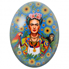 Cabochon en Verre Illustré Frida Kahlo au Perroquet et au Singe parmi les Tournesols pour la Création de Bijoux Fantaisie - DIY
