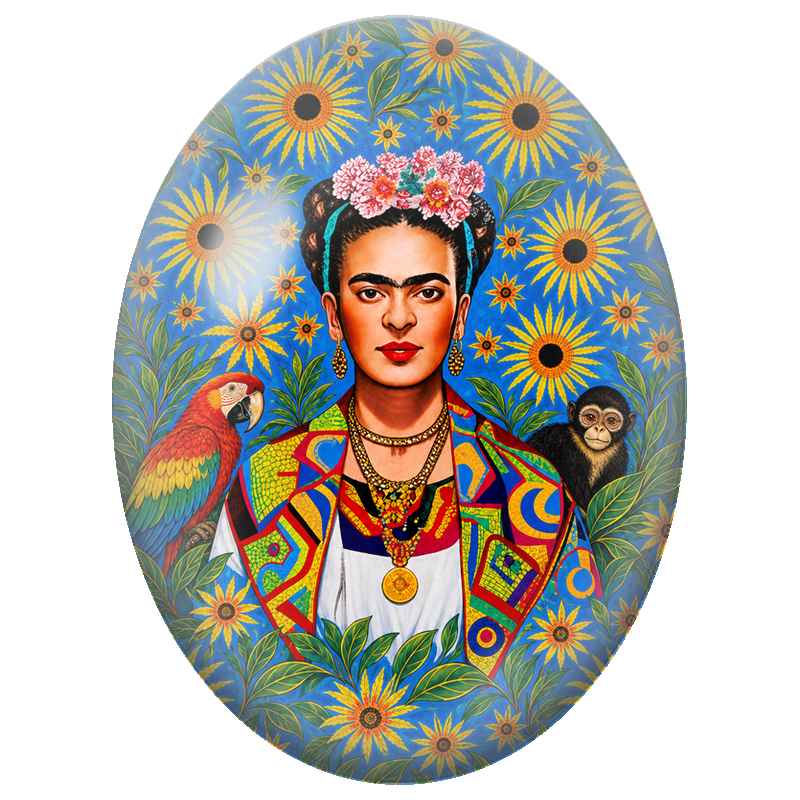 Cabochon en Verre Illustré Frida Kahlo au Perroquet et au Singe parmi les Tournesols 13x18, 18x25 ou 30x40mm