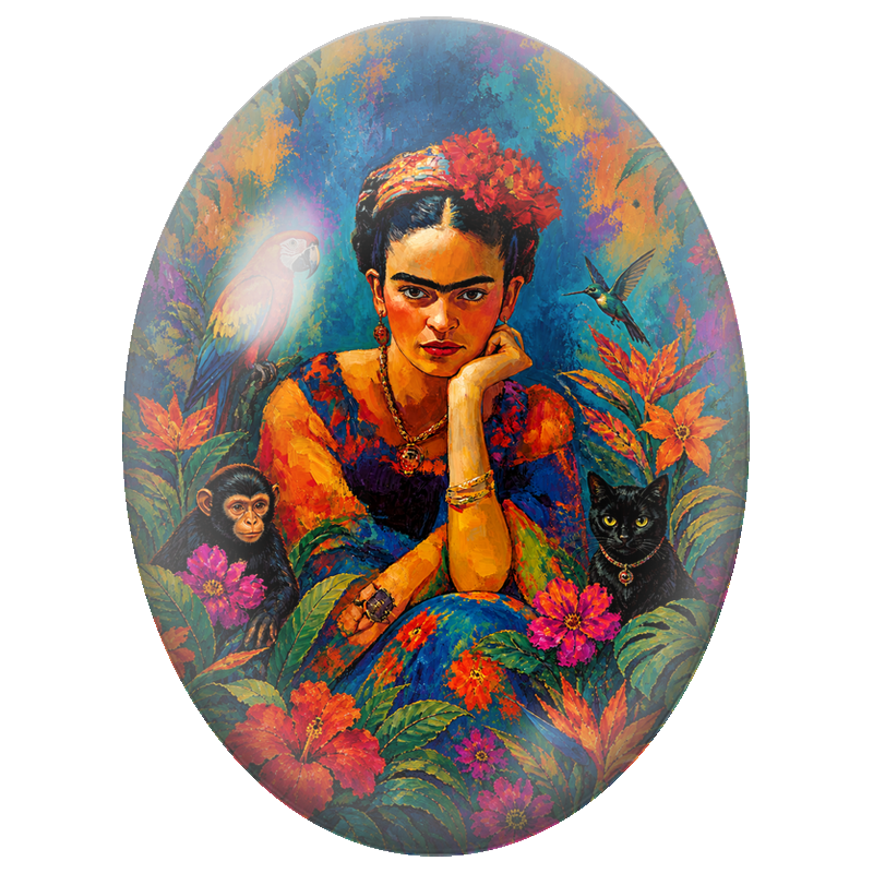 Cabochon en Verre Illustré Frida Kahlo au Chat Noir et au Perroquet 13x18, 18x25 ou 30x40mm