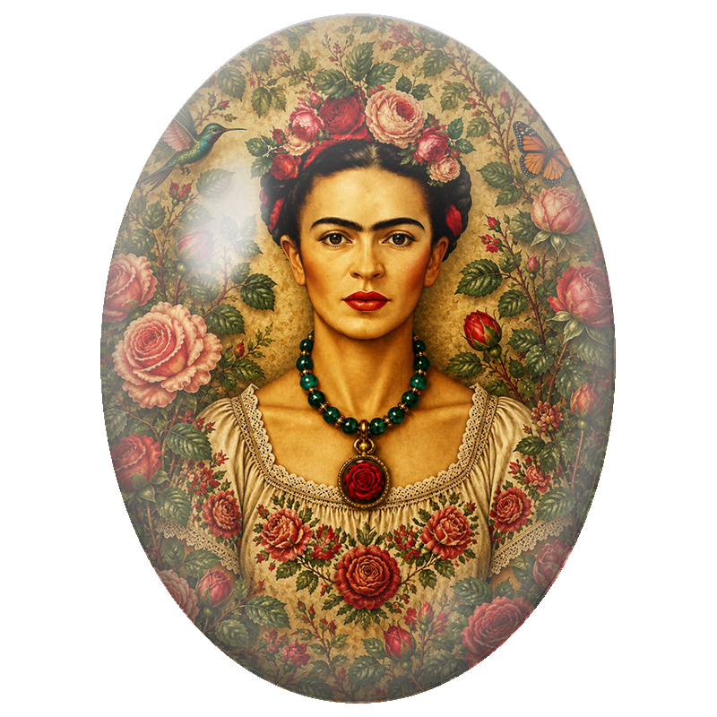 Cabochon en Verre Illustré Frida Kahlo au Colibri et aux Roses Anciennes 13x18, 18x25 ou 30x40mm