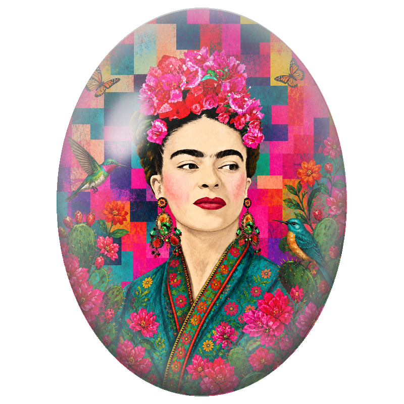 Cabochon en Verre Illustré Frida Kahlo au Jardin Rose et aux Oiseaux 13x18, 18x25 ou 30x40mm