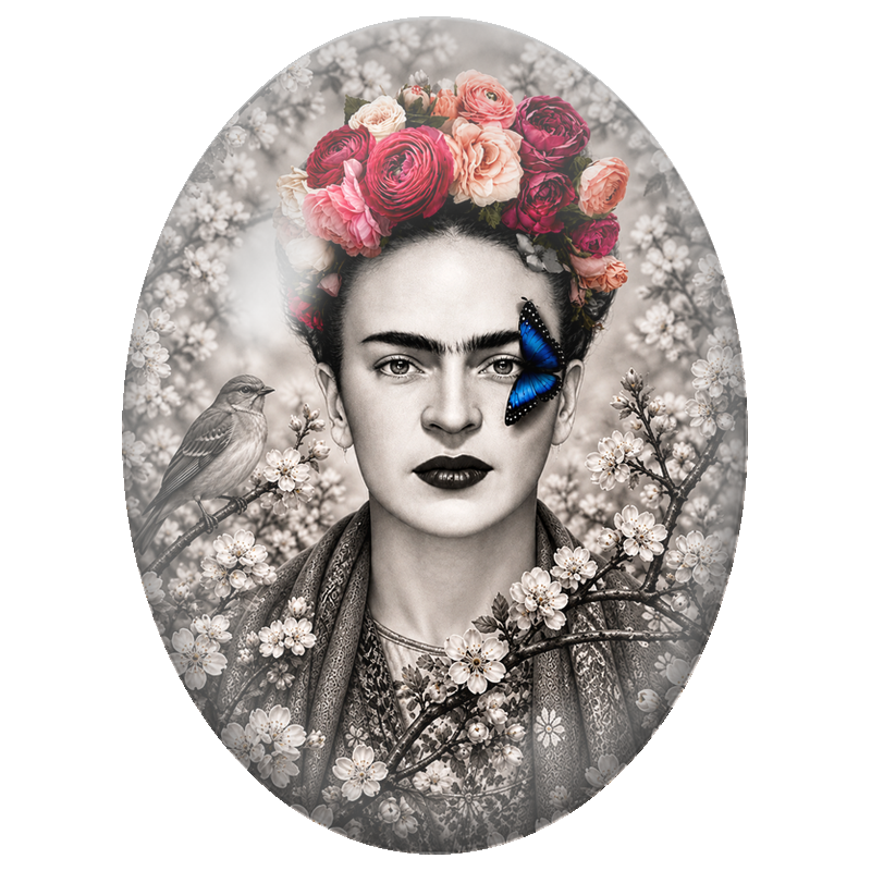 Cabochon en Verre Illustré Frida Kahlo au Papillon Bleu 13x18, 18x25 ou 30x40mm
