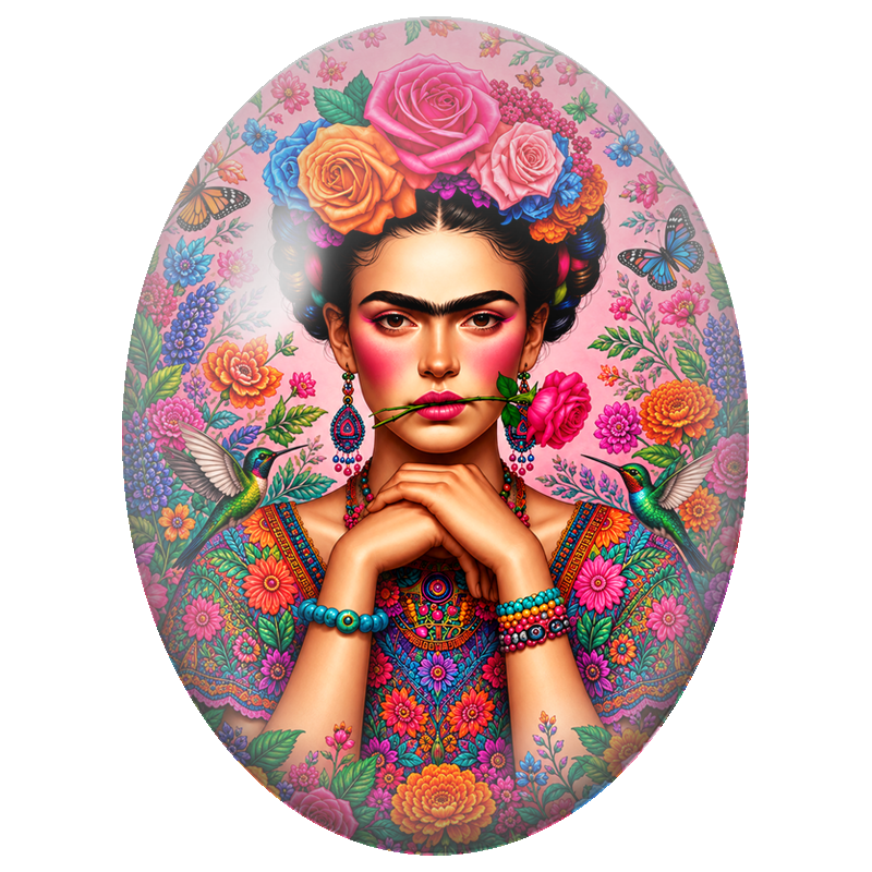 Cabochon en Verre Illustré Frida Kahlo aux Colibris et aux Fleurs Multicolores 13x18, 18x25 ou 30x40mm