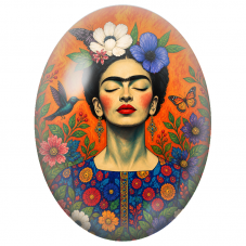 Cabochon en Verre Illustré Frida Kahlo au Visage Serein et aux Fleurs Bleues pour la Création de Bijoux Fantaisie - DIY