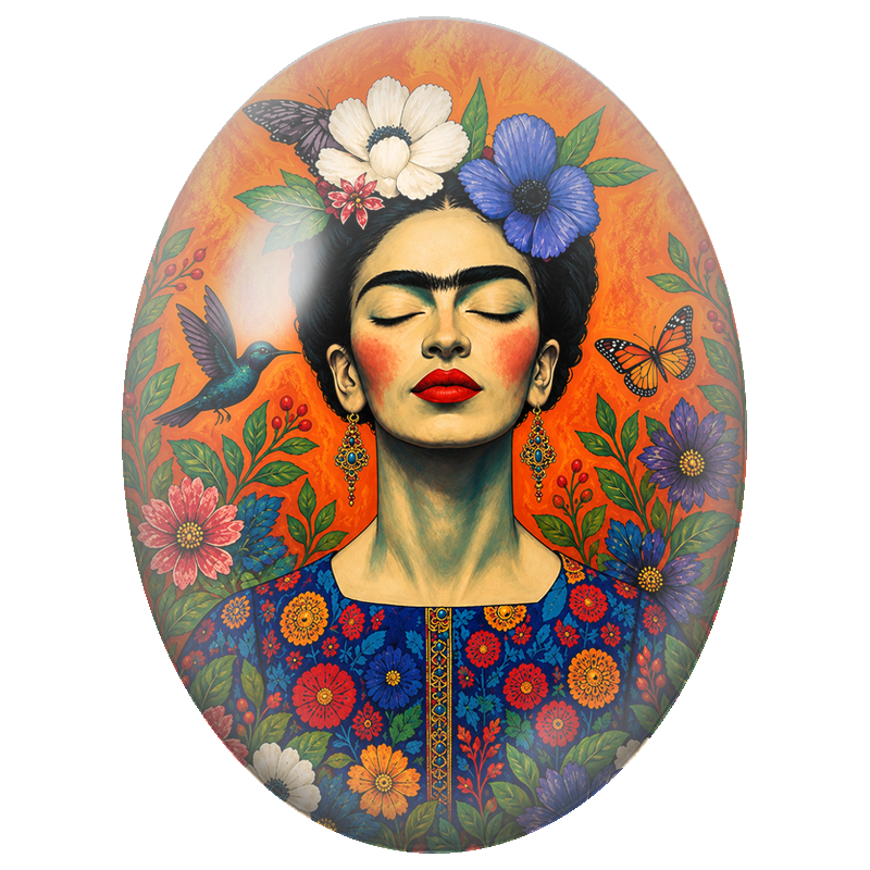 Cabochon en Verre Illustré Frida Kahlo au Visage Serein et aux Fleurs Bleues 13x18, 18x25 ou 30x40mm
