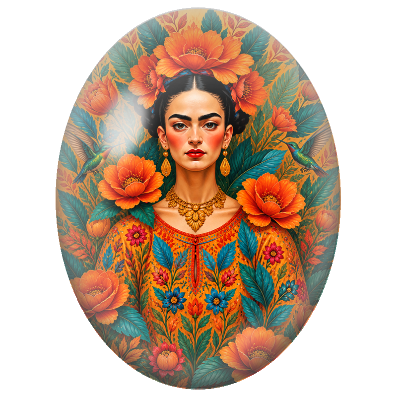 Cabochon en Verre Illustré Frida Kahlo aux Coquelicots et aux Colibris 13x18, 18x25 ou 30x40mm