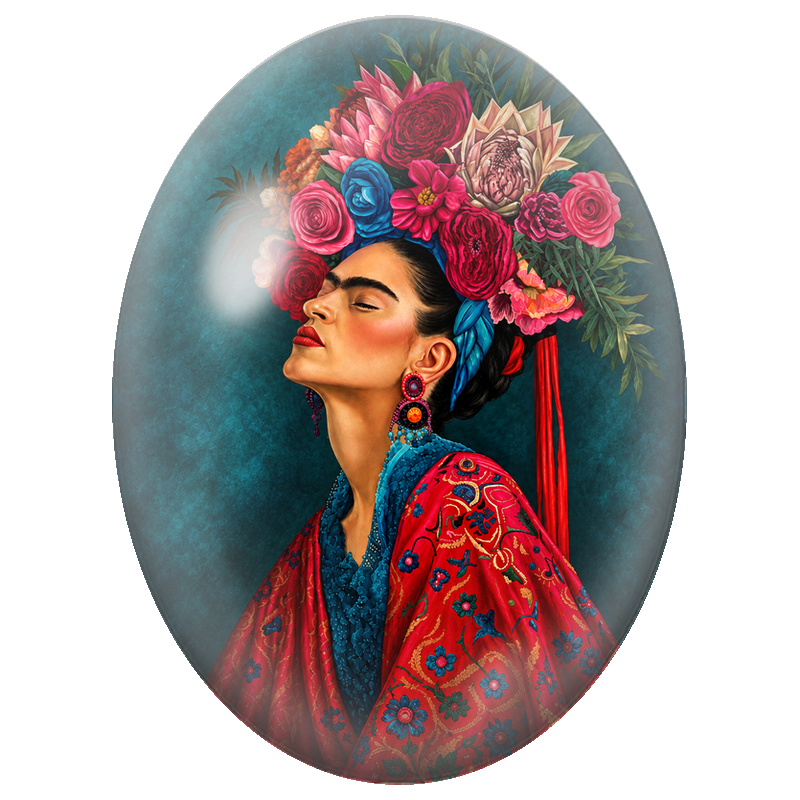 Cabochon en Verre Illustré Frida Kahlo de Profil aux Fleurs Pourpres 13x18, 18x25 ou 30x40mm
