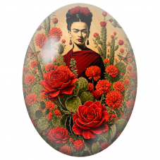Cabochon en Verre Illustré Frida Kahlo aux Roses Rouges et aux Cactus pour la Création de Bijoux Fantaisie - DIY