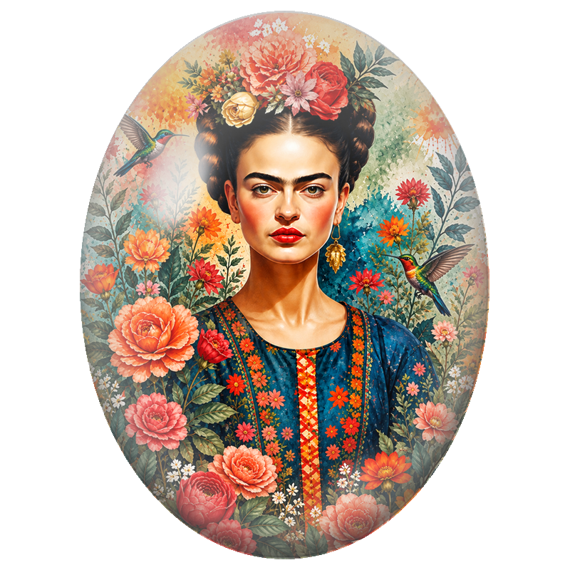 Cabochon en Verre Illustré Frida Kahlo au Jardin de Fleurs et aux Colibris 13x18, 18x25 ou 30x40mm