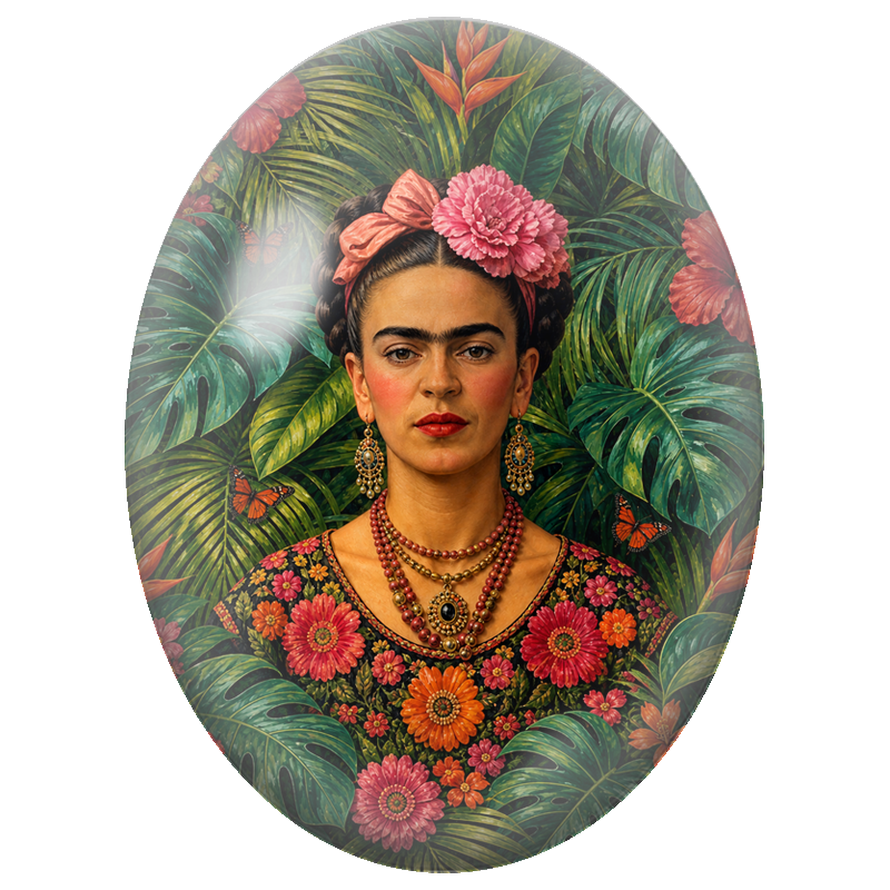 Cabochon en Verre Illustré Frida Kahlo aux Feuillages Tropicaux et aux Papillons 13x18, 18x25 ou 30x40mm