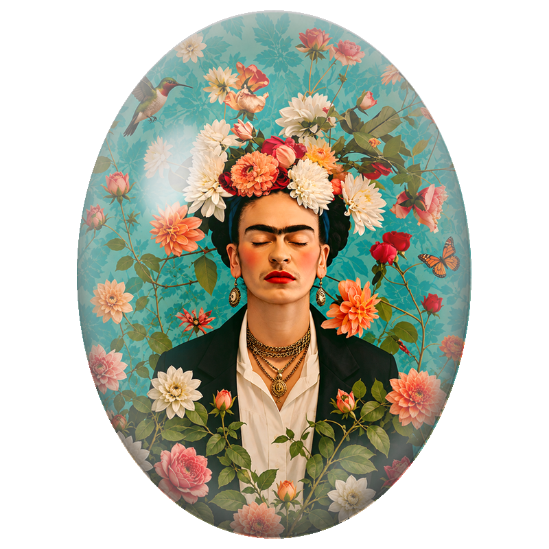 Cabochon en Verre Illustré Frida Kahlo aux Dahlias et aux Roses 13x18, 18x25 ou 30x40mm