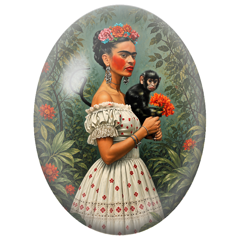 Cabochon en Verre Illustré Frida Kahlo au Singe et aux Fleurs Orange 13x18, 18x25 ou 30x40mm