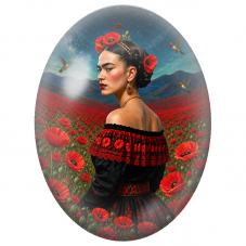 Cabochon en Verre Illustré Frida Kahlo au Champ de Coquelicots pour la Création de Bijoux Fantaisie - DIY
