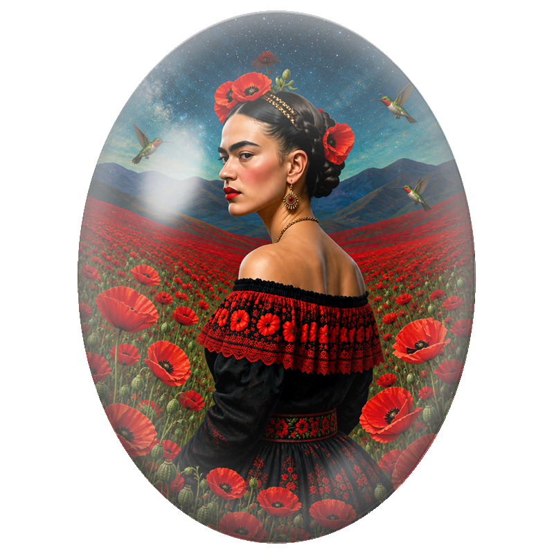 Cabochon en Verre Illustré Frida Kahlo au Champ de Coquelicots 13x18, 18x25 ou 30x40mm