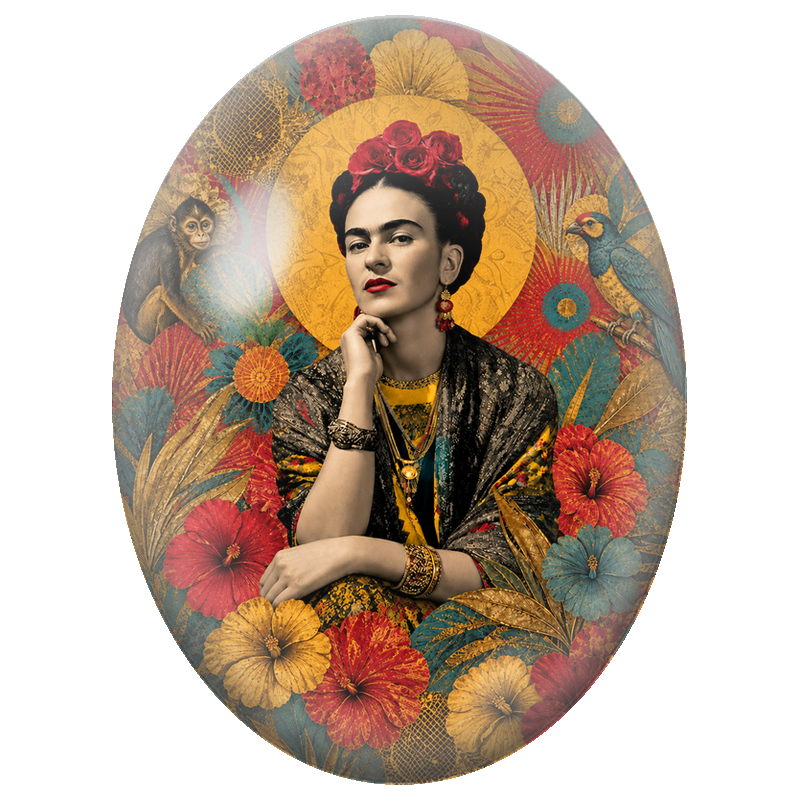 Cabochon en Verre Illustré Frida Kahlo au Singe et au Perroquet 13x18, 18x25 ou 30x40mm