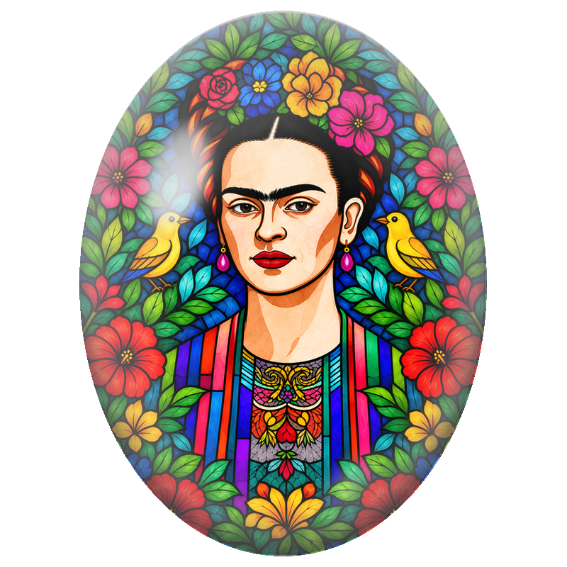 Cabochon en Verre Illustré Frida Kahlo aux Oiseaux Jaunes et aux Fleurs Colorées 13x18, 18x25 ou 30x40mm