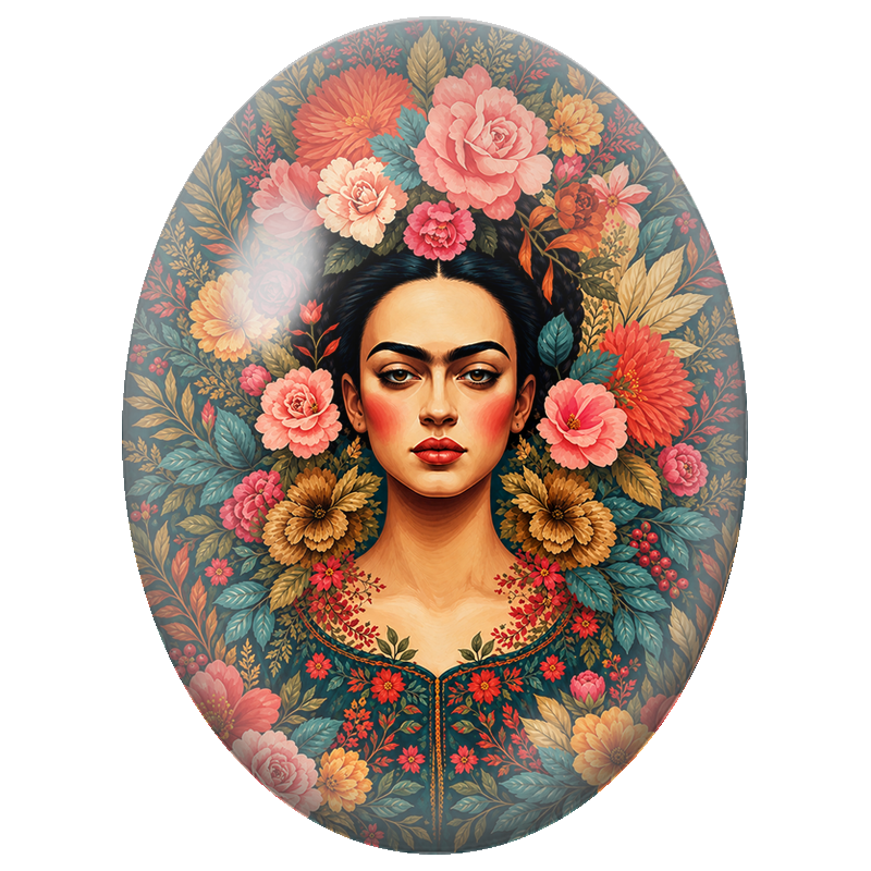 Cabochon en Verre Illustré Frida Kahlo à la Couronne de Fleurs Corail 13x18, 18x25 ou 30x40mm