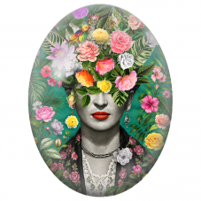 Cabochon en Verre Illustré Frida Kahlo au Visage Fleuri en Noir et Blanc pour la Création de Bijoux Fantaisie - DIY