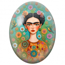 Cabochon en Verre Illustré Frida Kahlo aux Colibris et aux Fleurs Stylisées pour la Création de Bijoux Fantaisie - DIY