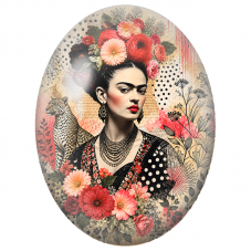 Cabochon en Verre Illustré Frida Kahlo au Jaguar et aux Fleurs Corail pour la Création de Bijoux Fantaisie - DIY