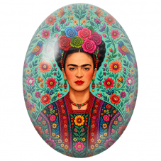 Cabochon en Verre Illustré Frida Kahlo aux Oiseaux Colorés et aux Fleurs Rouges pour la Création de Bijoux Fantaisie - DIY